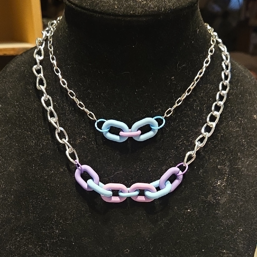 Silver and Pastel Metal Chain Necklace Set
